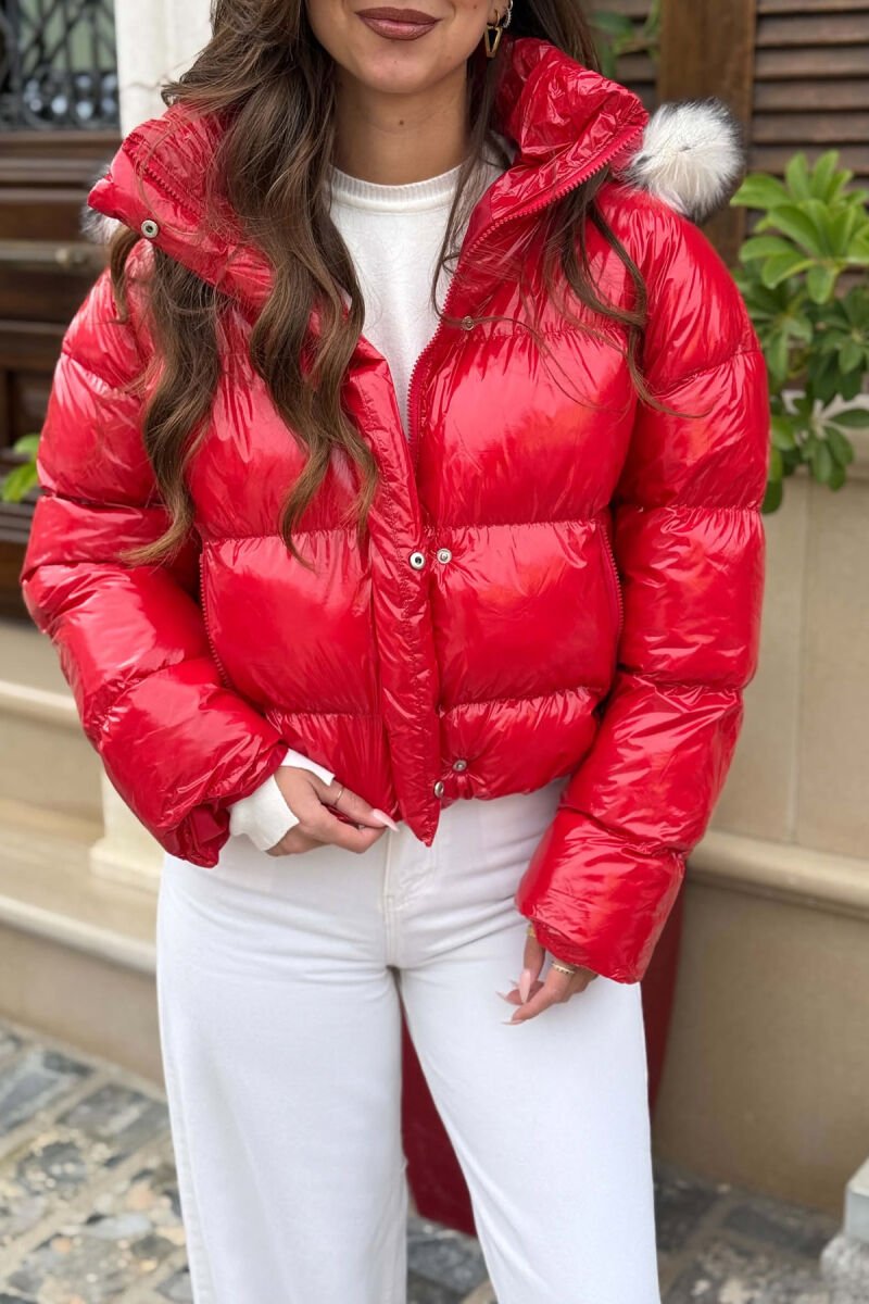 CROPPED FAUX FUR HOODED WOMEN PUFFER JACKET RED/E KUQE - 2