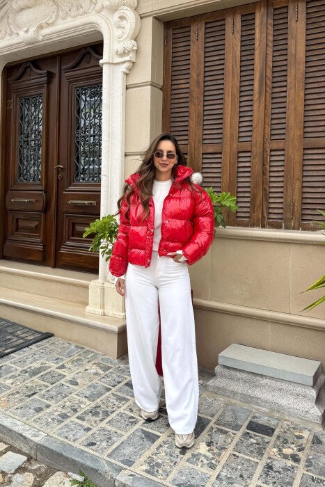 CROPPED FAUX FUR HOODED WOMEN PUFFER JACKET RED/E KUQE - 3