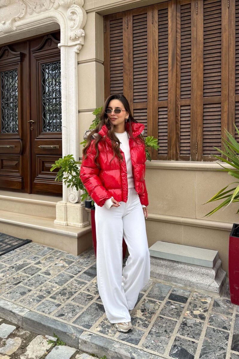 CROPPED FAUX FUR HOODED WOMEN PUFFER JACKET RED/E KUQE - 4
