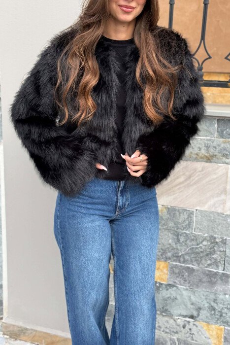 CROPPED FAUX FUR ONE COLOR WOMAN COAT BLACK/ E ZEZE - 2