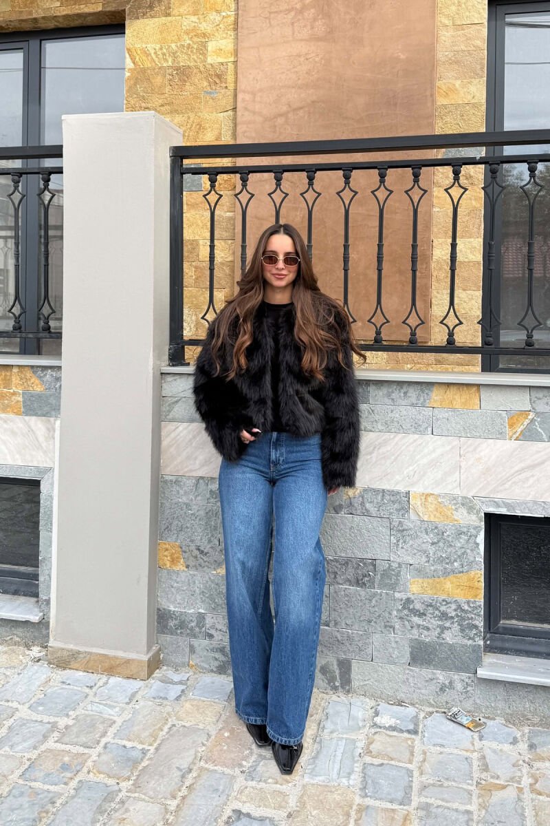 CROPPED FAUX FUR ONE COLOR WOMAN COAT BLACK/ E ZEZE - 3