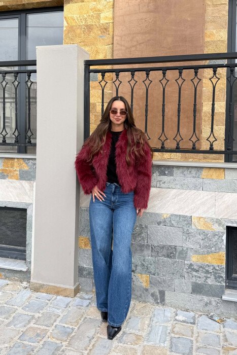 CROPPED FAUX FUR ONE COLOR WOMAN COAT BURGUNDY/VISHNJE - 2