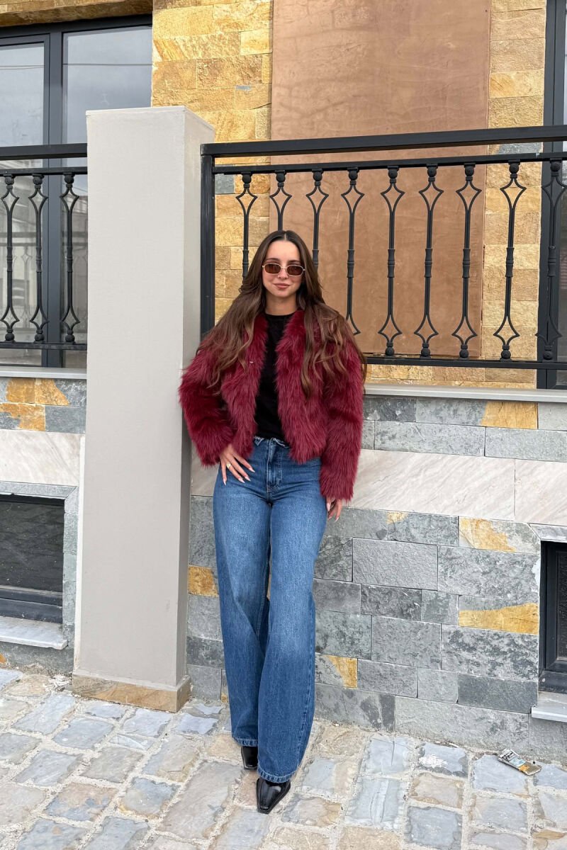 CROPPED FAUX FUR ONE COLOR WOMAN COAT BURGUNDY/VISHNJE - 2