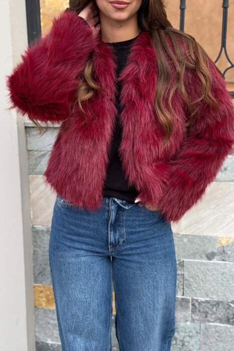 CROPPED FAUX FUR ONE COLOR WOMAN COAT BURGUNDY/VISHNJE - 5