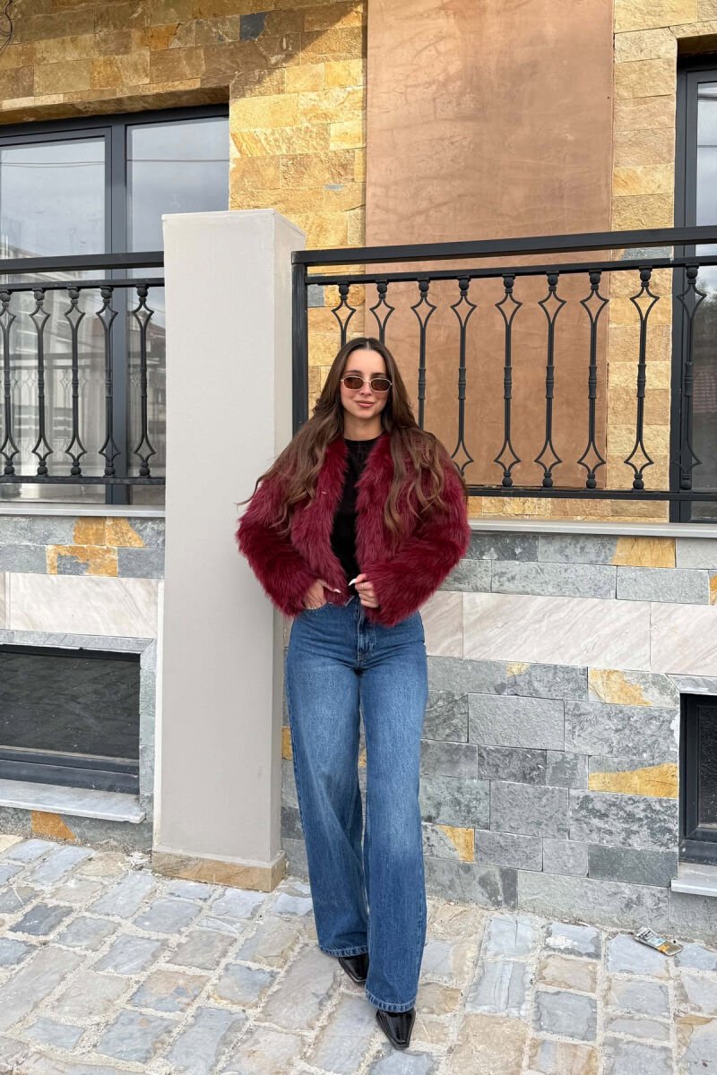 CROPPED FAUX FUR ONE COLOR WOMAN COAT BURGUNDY/VISHNJE - 6