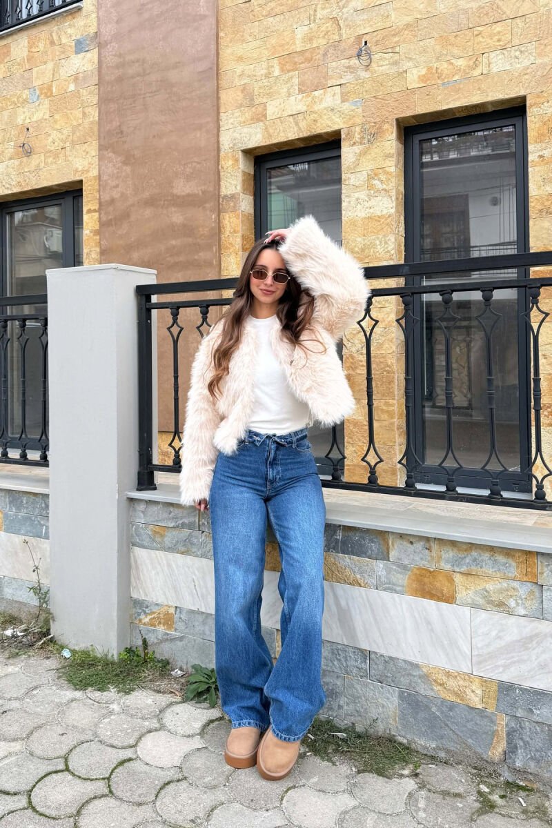 CROPPED FAUX FUR ONE COLOR WOMAN COAT CREAM/KREM - 5