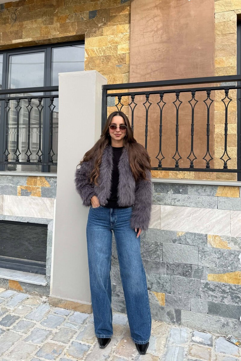 CROPPED FAUX FUR ONE COLOR WOMAN COAT DARK GREY/GEE - 3