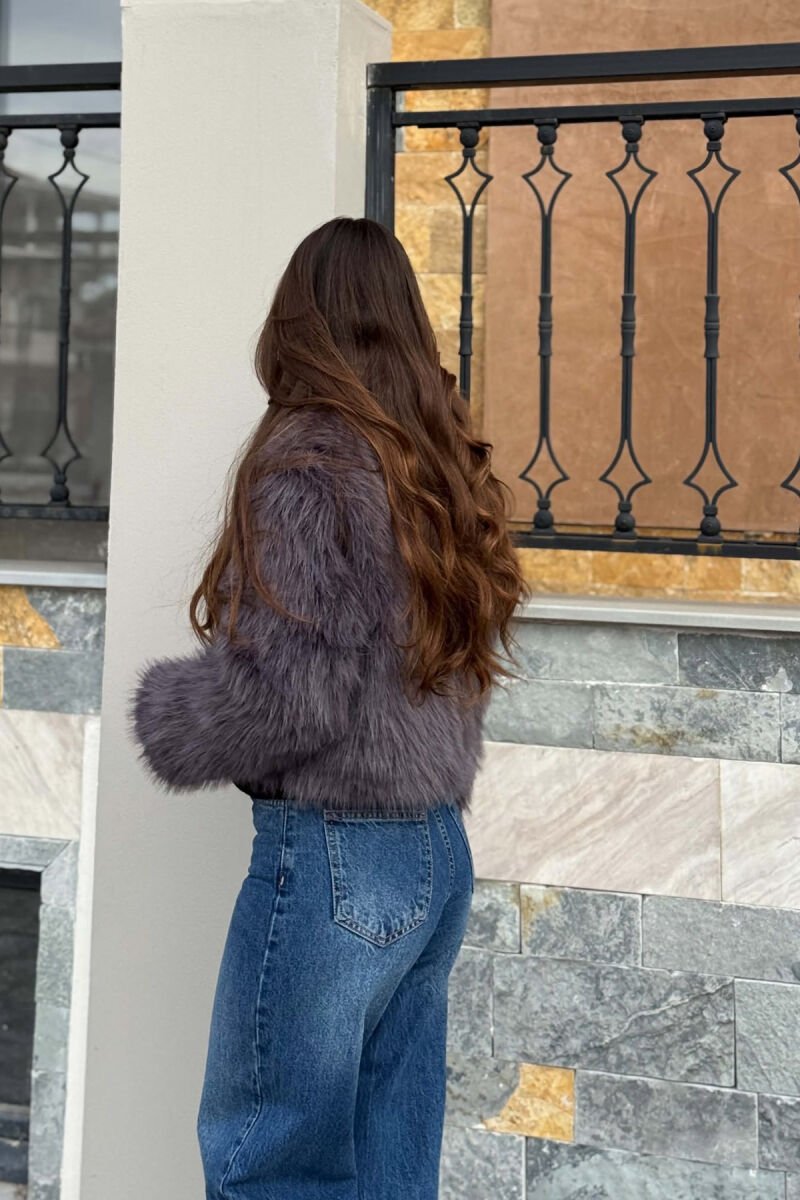 CROPPED FAUX FUR ONE COLOR WOMAN COAT DARK GREY/GEE - 4
