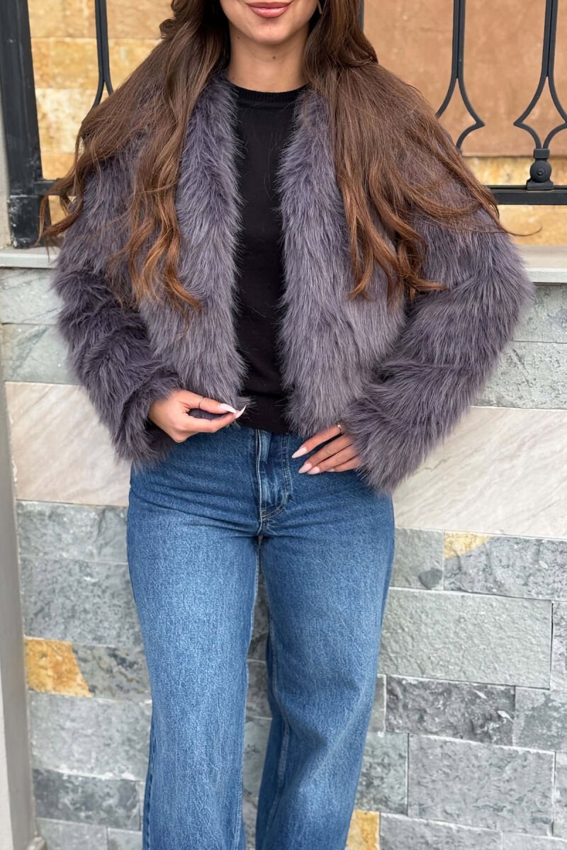 CROPPED FAUX FUR ONE COLOR WOMAN COAT DARK GREY/GEE - 6