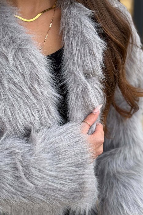 CROPPED FAUX FUR ONE COLOR WOMAN COAT GREY/GRI - 3