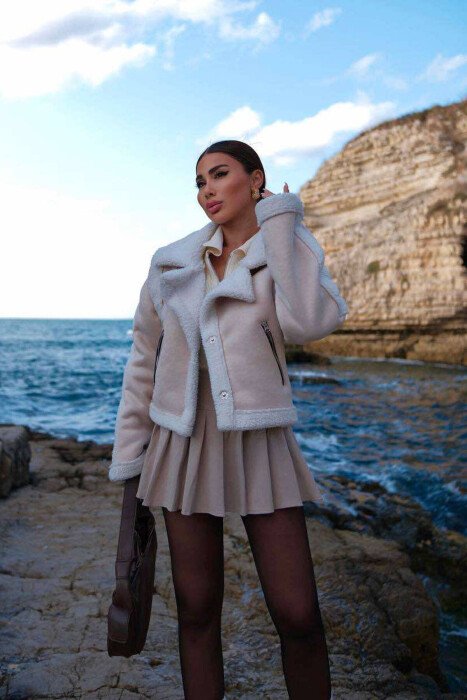 CROPPED FLUFFY WOMEN JACKET CREAM/KREM - 1