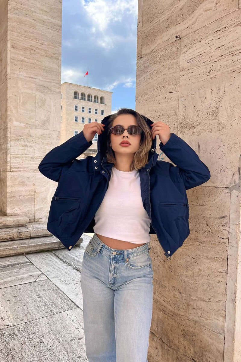 CROPPED HOOD ZIPPER POCKETS WOMEN JACKET DARK BLUE/BEE - 1