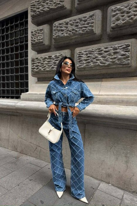 CROPPED JACKET+JEANS DENIM WOMEN SET BLUE/BLU - 2