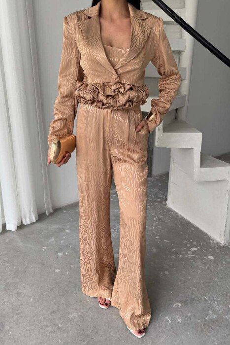 CROPPED JACKET+TANK TOP+TROUSERS 3 PIECE WOMEN SET BEIGE/BEZHE 
