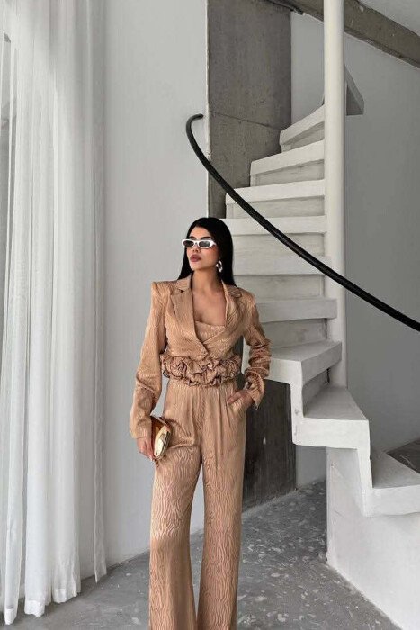 CROPPED JACKET+TANK TOP+TROUSERS 3 PIECE WOMEN SET BEIGE/BEZHE - 3