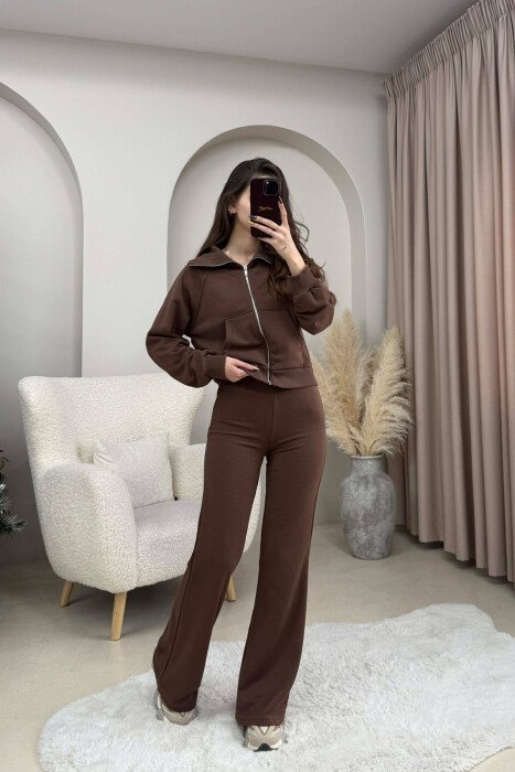 CROPPED JACKET+TROUSERS SIMPLE WOMEN SET BROWN/KAFE - KLAUDIO FASHION