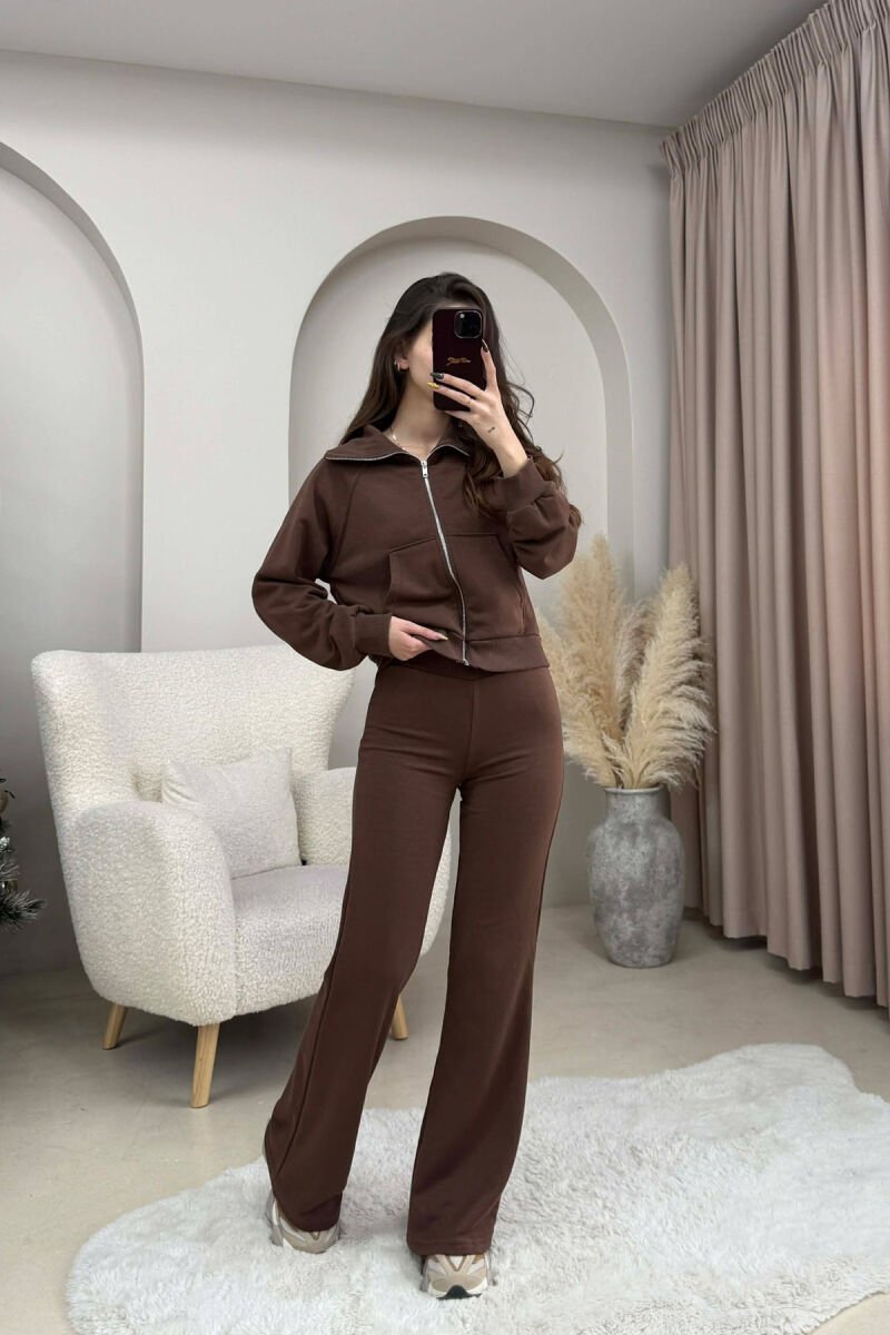 CROPPED JACKET+TROUSERS SIMPLE WOMEN SET BROWN/KAFE - 1