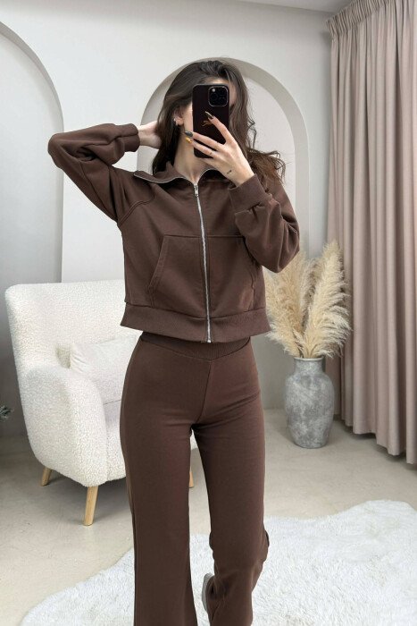 CROPPED JACKET+TROUSERS SIMPLE WOMEN SET BROWN/KAFE - 2