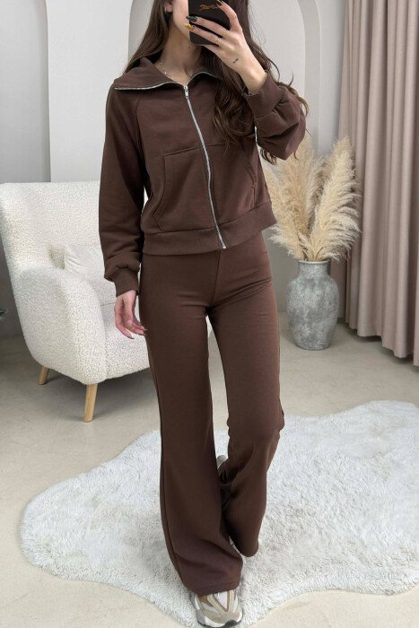 CROPPED JACKET+TROUSERS SIMPLE WOMEN SET BROWN/KAFE - 3