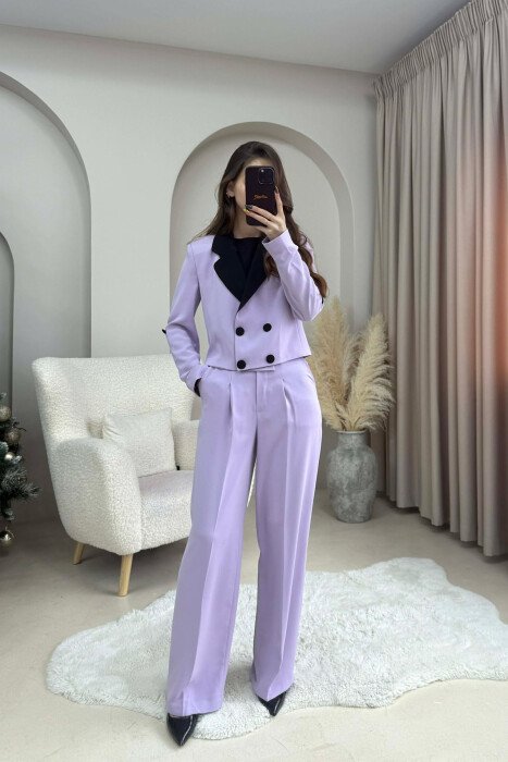 CROPPED JACKET+TROUSERS SIMPLE WOMEN SET LIGHT PURPLE/LEZB - KLAUDIO FASHION