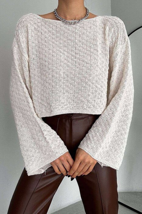 ONE COLOR CROPPED KNITTED WOMEN SWEATER CREAM/KREM - 1