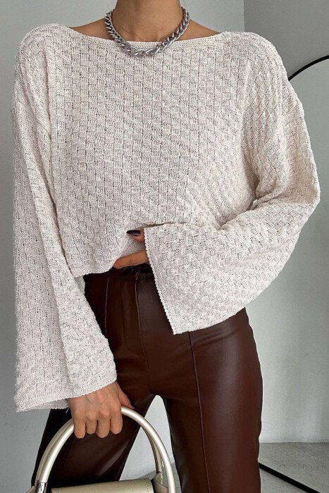 ONE COLOR CROPPED KNITTED WOMEN SWEATER CREAM/KREM - 7