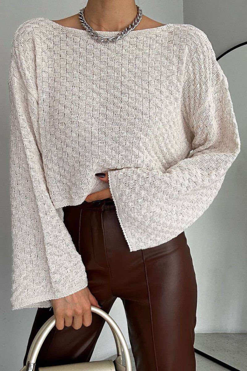 ONE COLOR CROPPED KNITTED WOMEN SWEATER CREAM/KREM - 7