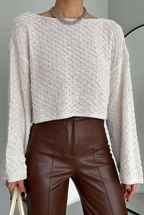 ONE COLOR CROPPED KNITTED WOMEN SWEATER CREAM/KREM - 9
