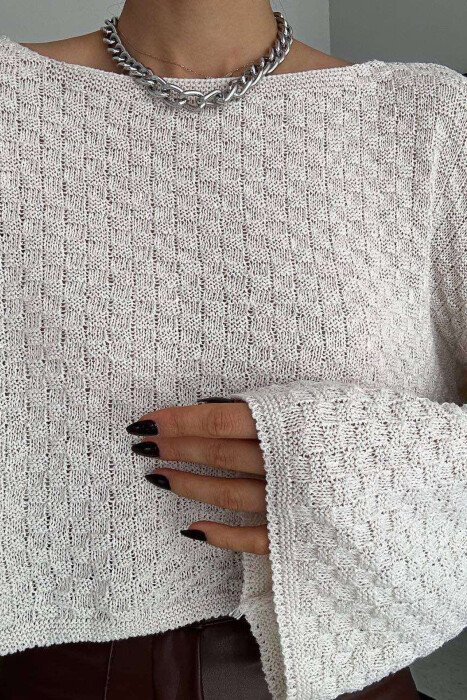 ONE COLOR CROPPED KNITTED WOMEN SWEATER CREAM/KREM - 6