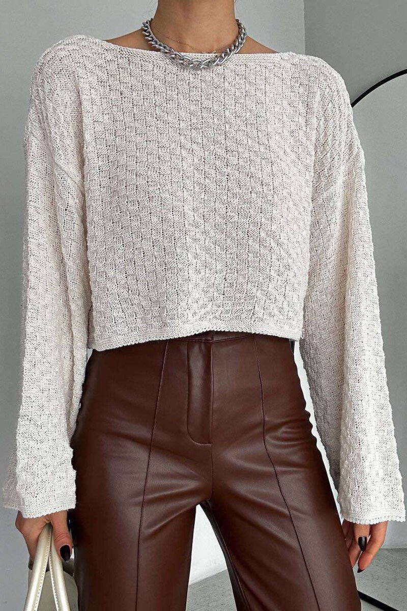ONE COLOR CROPPED KNITTED WOMEN SWEATER CREAM/KREM - 10