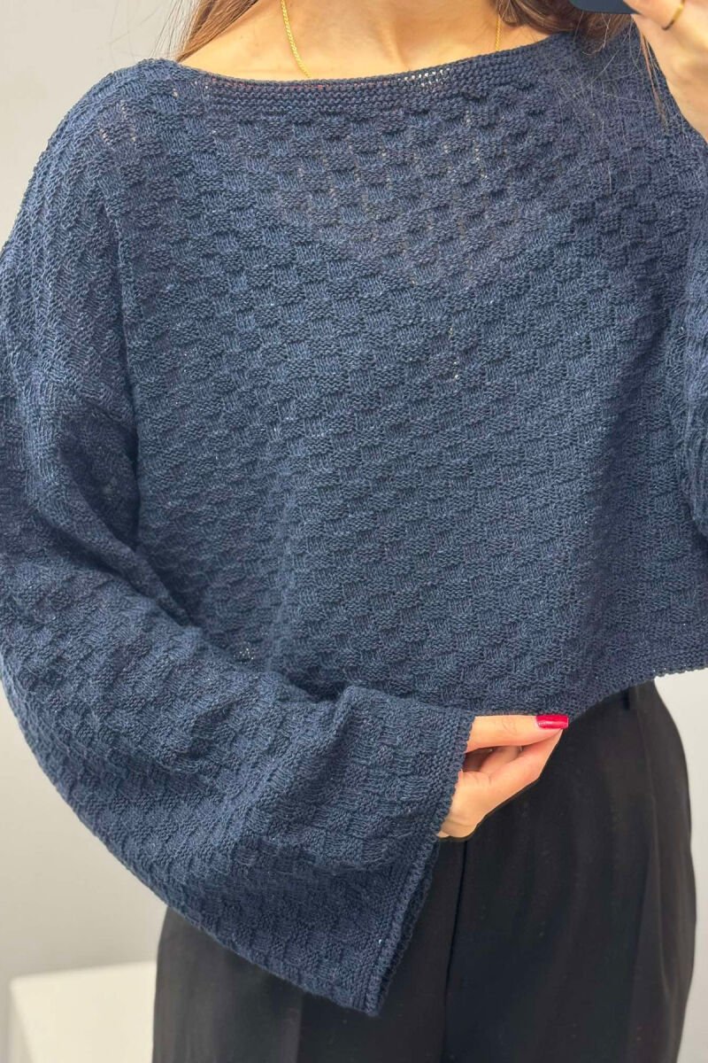 ONE COLOR CROPPED KNITTED WOMEN SWEATER DARK BLUE/BEE - 2