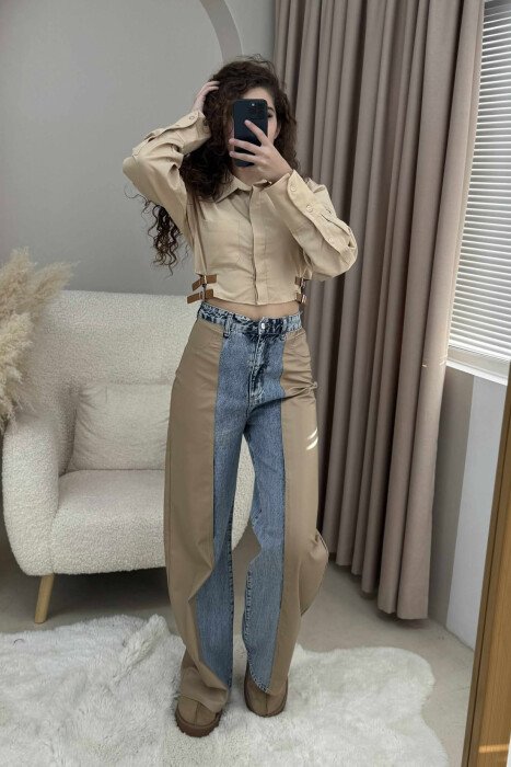 CROPPED ONE COLOR BELT DETAILS WOMEN SHIRT BEIGE/BEZHE 