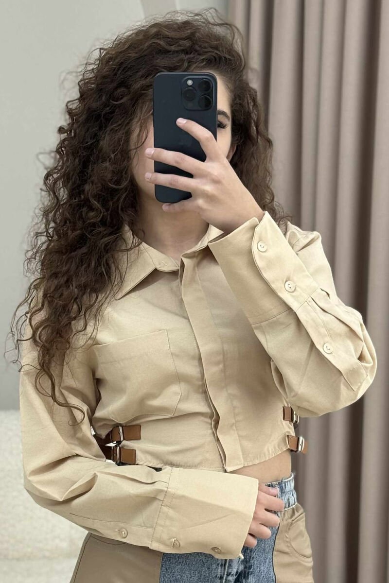 CROPPED ONE COLOR BELT DETAILS WOMEN SHIRT BEIGE/BEZHE - 2