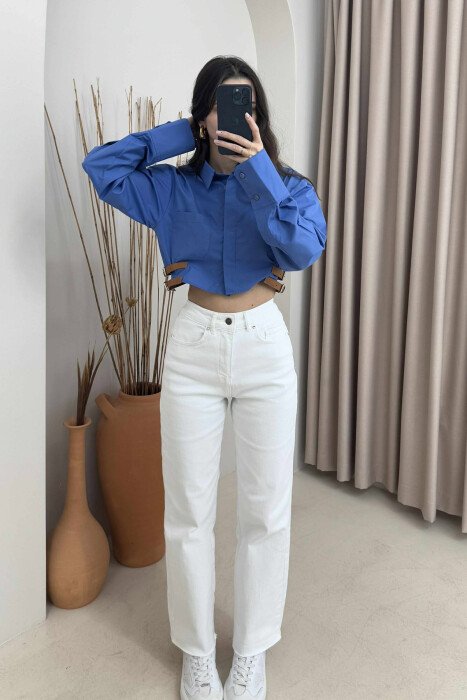 CROPPED ONE COLOR BELT DETAILS WOMEN SHIRT BLUE/BLU 