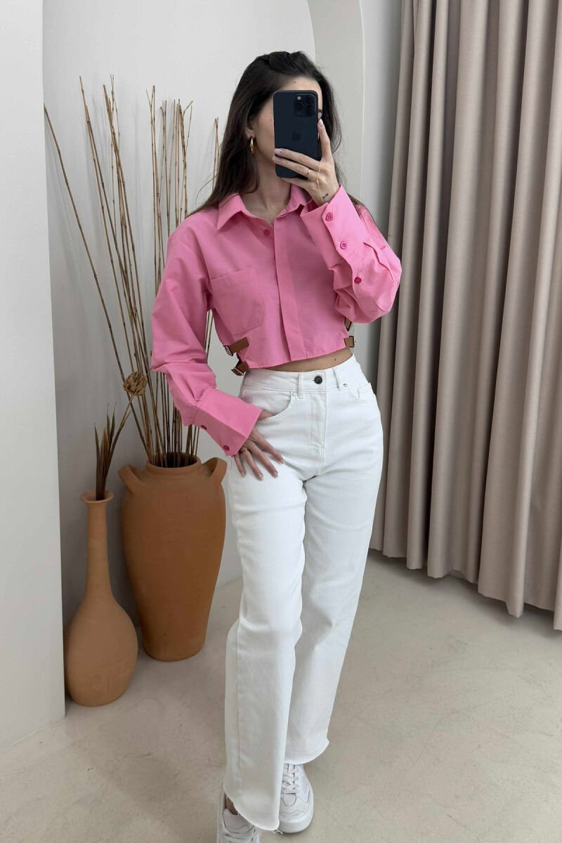 CROPPED ONE COLOR BELT DETAILS WOMEN SHIRT PINK/ROZE - 1