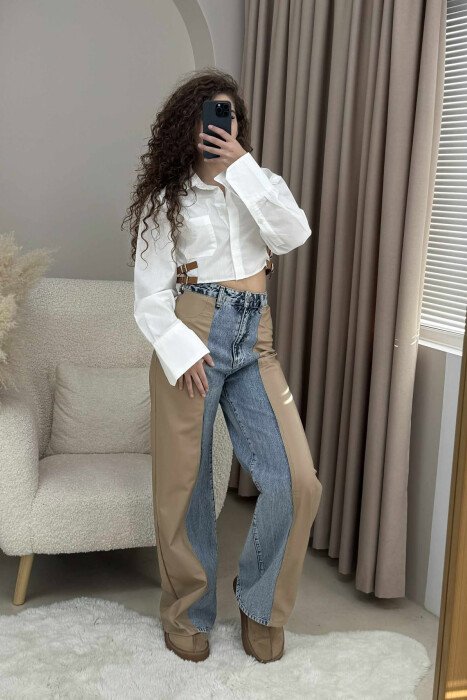 CROPPED ONE COLOR BELT DETAILS WOMEN SHIRT WHITE-E BARDHE - 3