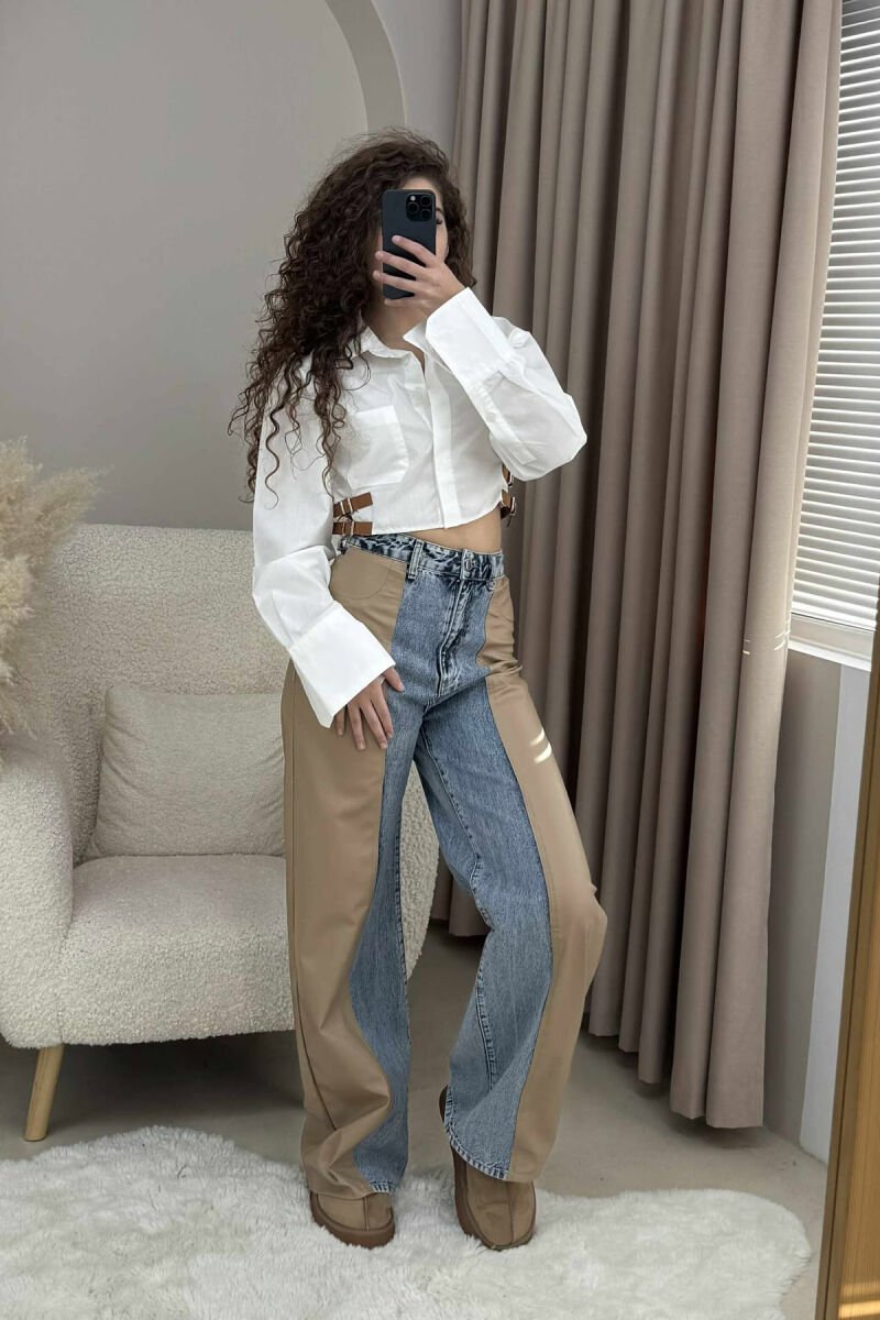 CROPPED ONE COLOR BELT DETAILS WOMEN SHIRT WHITE-E BARDHE - 3