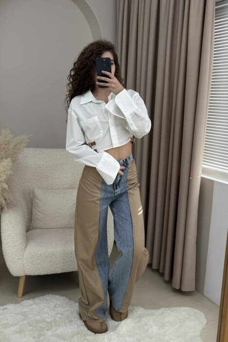 CROPPED ONE COLOR BELT DETAILS WOMEN SHIRT WHITE-E BARDHE - 4