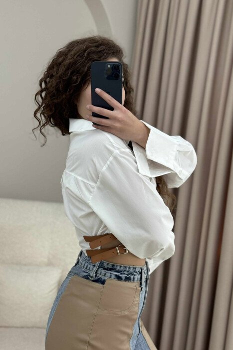 CROPPED ONE COLOR BELT DETAILS WOMEN SHIRT WHITE-E BARDHE - 5