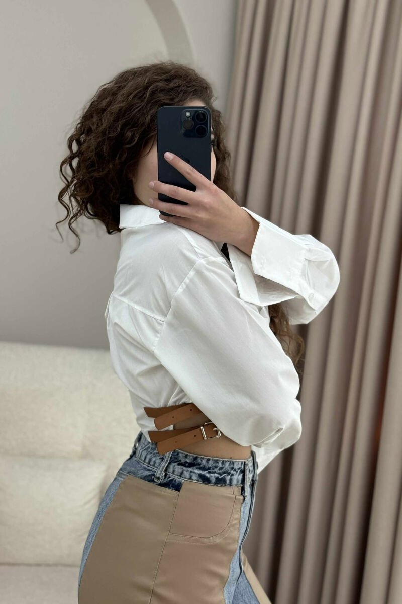 CROPPED ONE COLOR BELT DETAILS WOMEN SHIRT WHITE-E BARDHE - 5