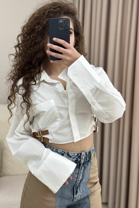 CROPPED ONE COLOR BELT DETAILS WOMEN SHIRT WHITE-E BARDHE 