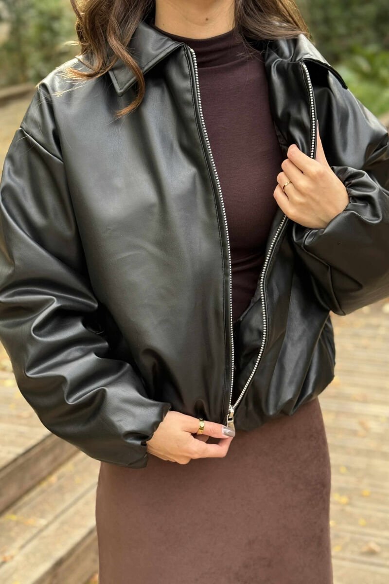 CROPPED ONE COLOR LEATHER WOMEN JACKET BLACK/ E ZEZE - 2