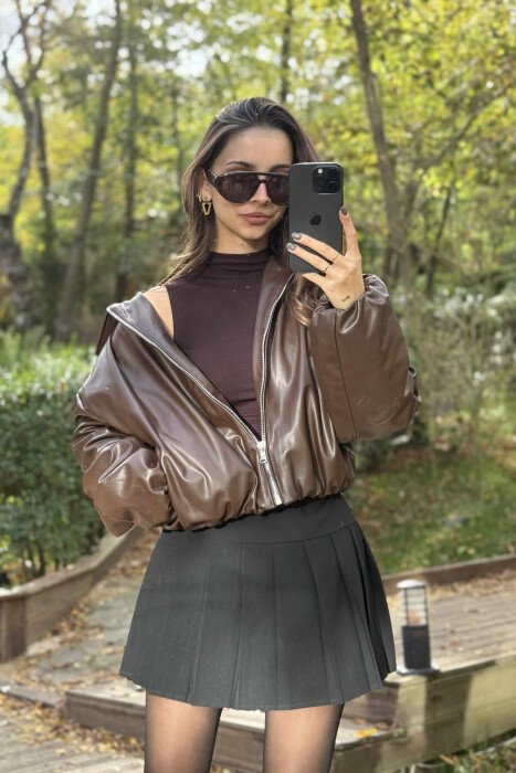CROPPED ONE COLOR LEATHER WOMEN JACKET DARK BROWN/KAE - 2
