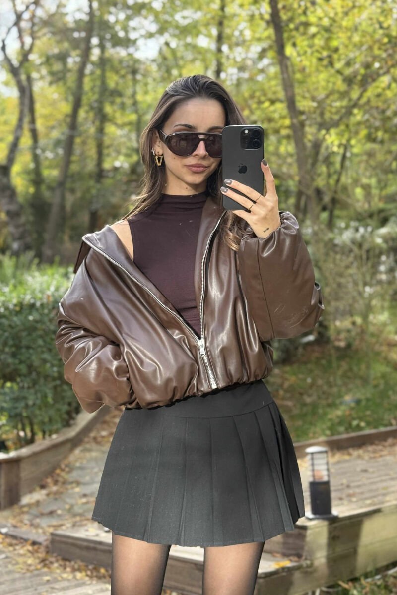 CROPPED ONE COLOR LEATHER WOMEN JACKET DARK BROWN/KAE - 2