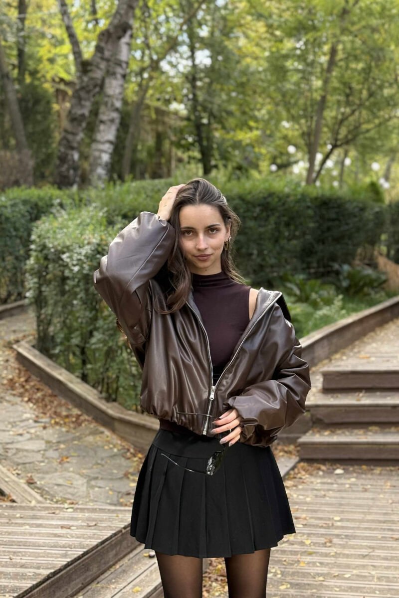 CROPPED ONE COLOR LEATHER WOMEN JACKET DARK BROWN/KAE - 4