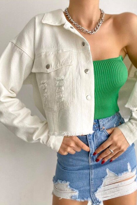 CROPPED ONE COLOR WOMEN JACKET CREAM/KREM - KLAUDIO FASHION