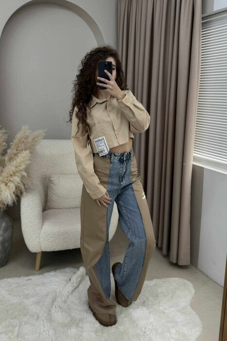 CROPPED ONE COLOR WOMEN SHIRT BEIGE/BEZHE - 3