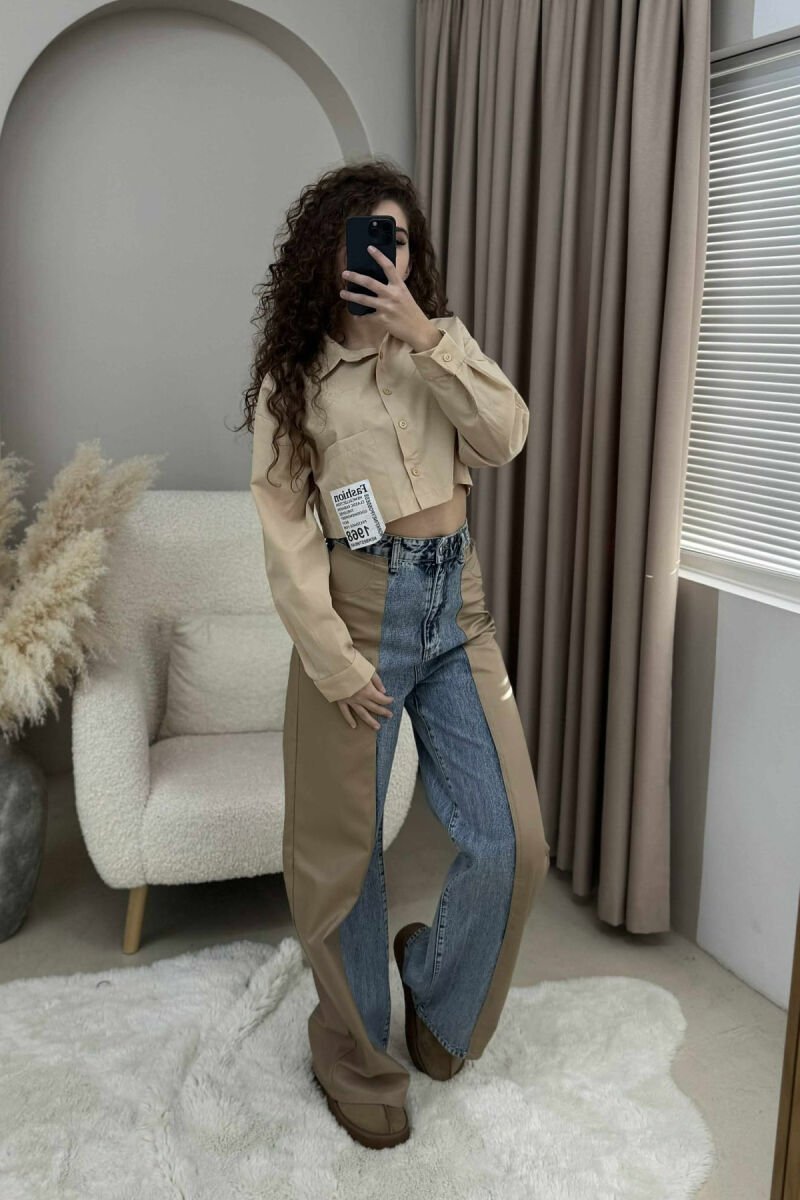 CROPPED ONE COLOR WOMEN SHIRT BEIGE/BEZHE - 3