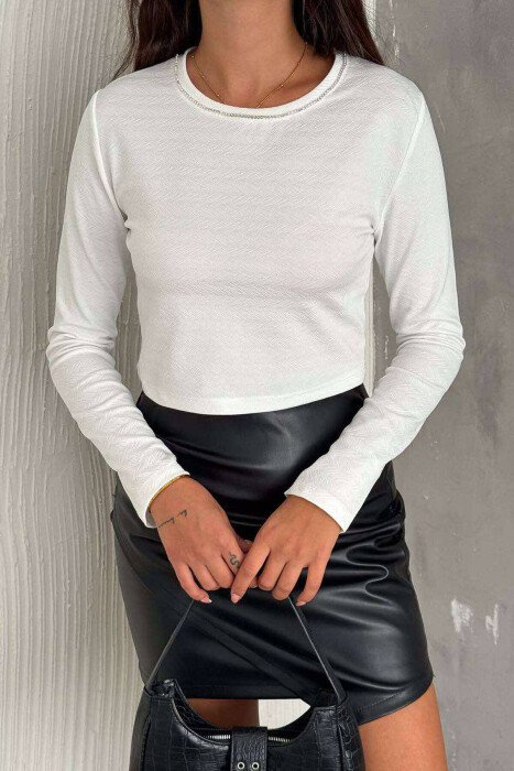 CROPPED ONE COLOR WOMEN SWEATSHIRT WHITE-E BARDHE - KLAUDIO FASHION