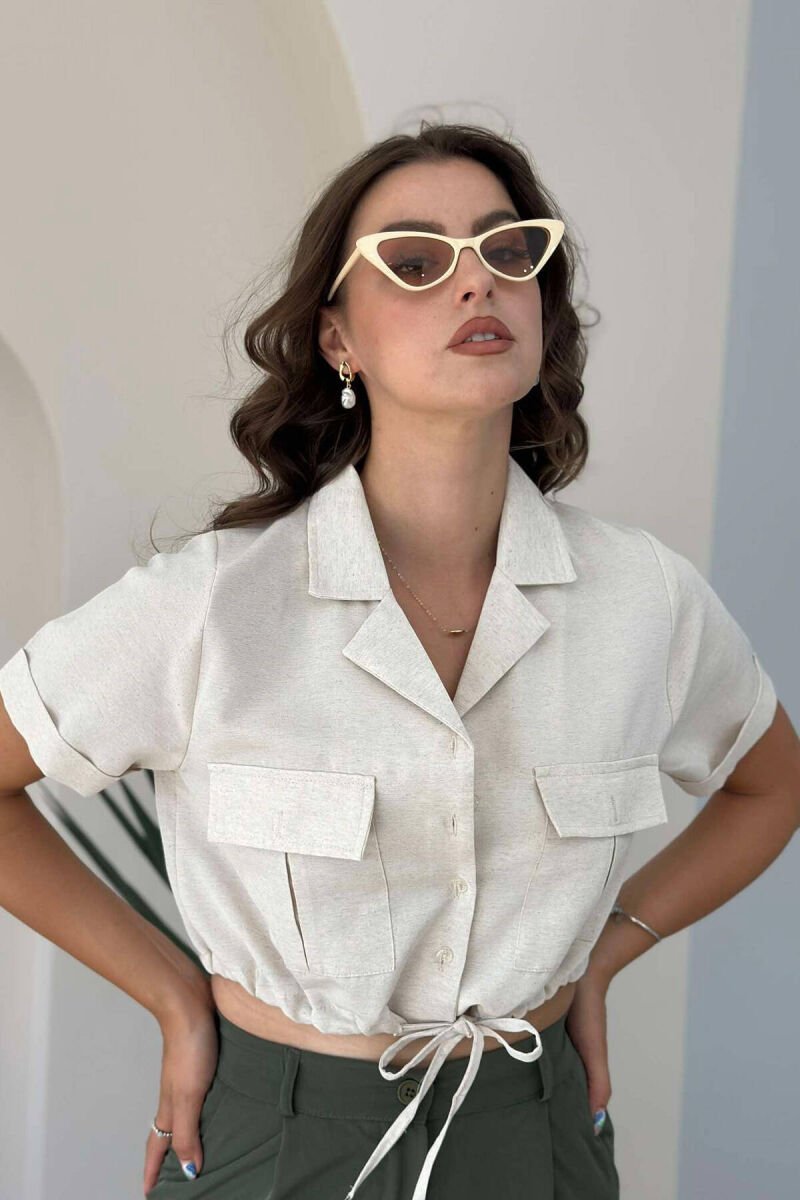CROPPED POCKETS DETAIL WOMEN SHIRT CREAM/KREM - 4